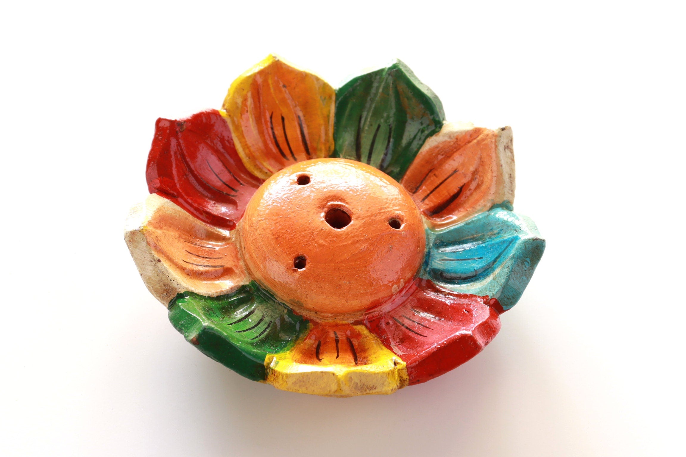 Handmade Clay Lotus Incense Holder Holds 3 Regular & 1 Tibetan Stick