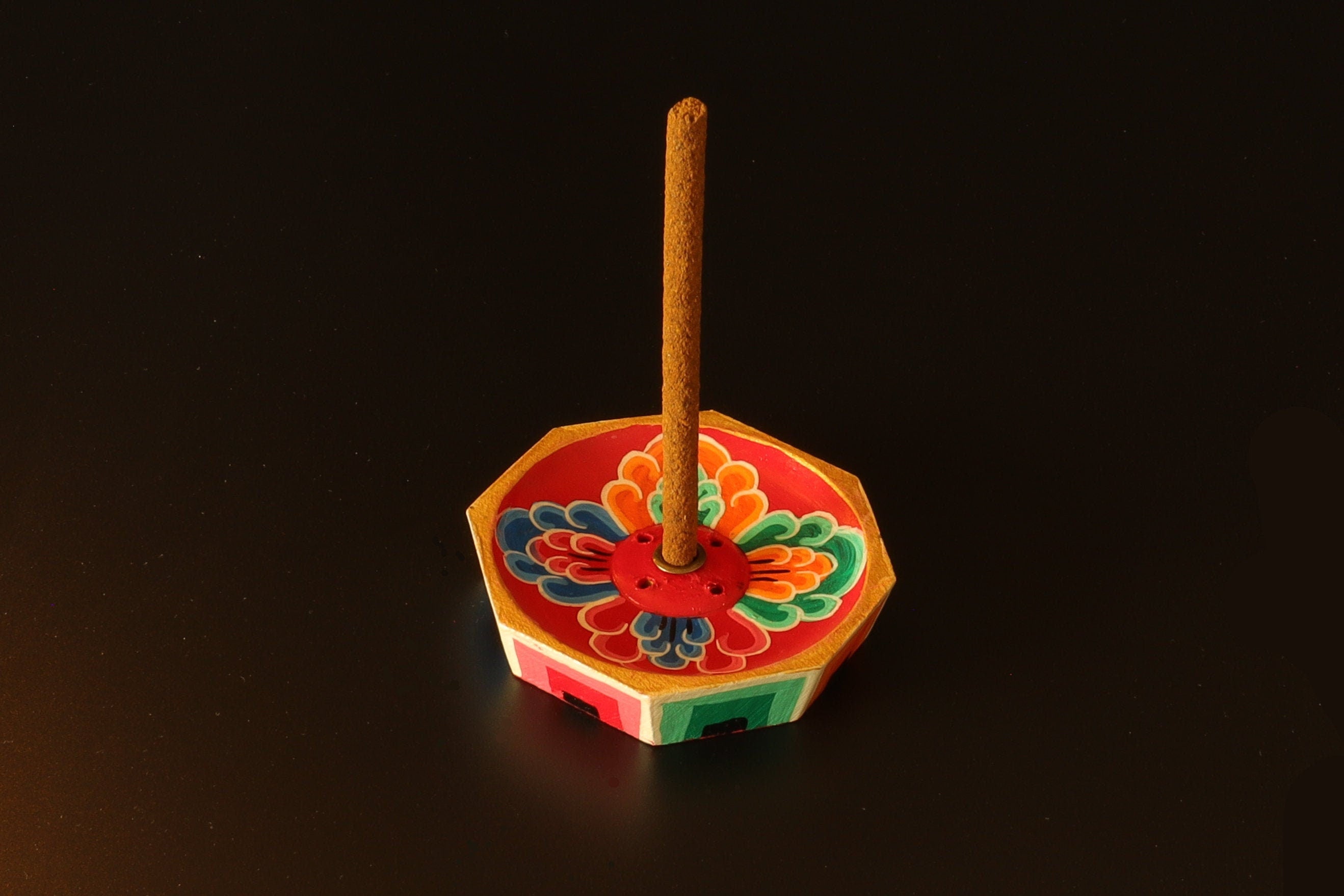 Floral Mini Incense Holder | Handmade Hand-painted Wood Incense Burner | Holds 4 Regular & 1 Tibetan / Joss Sticks | Housewarming Gift, Home Decor