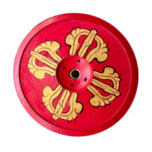 Load image into Gallery viewer, Wood Incense Holder Red Dorje || Handmade Hand-painted Tibetan Incense Holder || Holds 4 Regular and 1 Tibetan Incense Sticks
