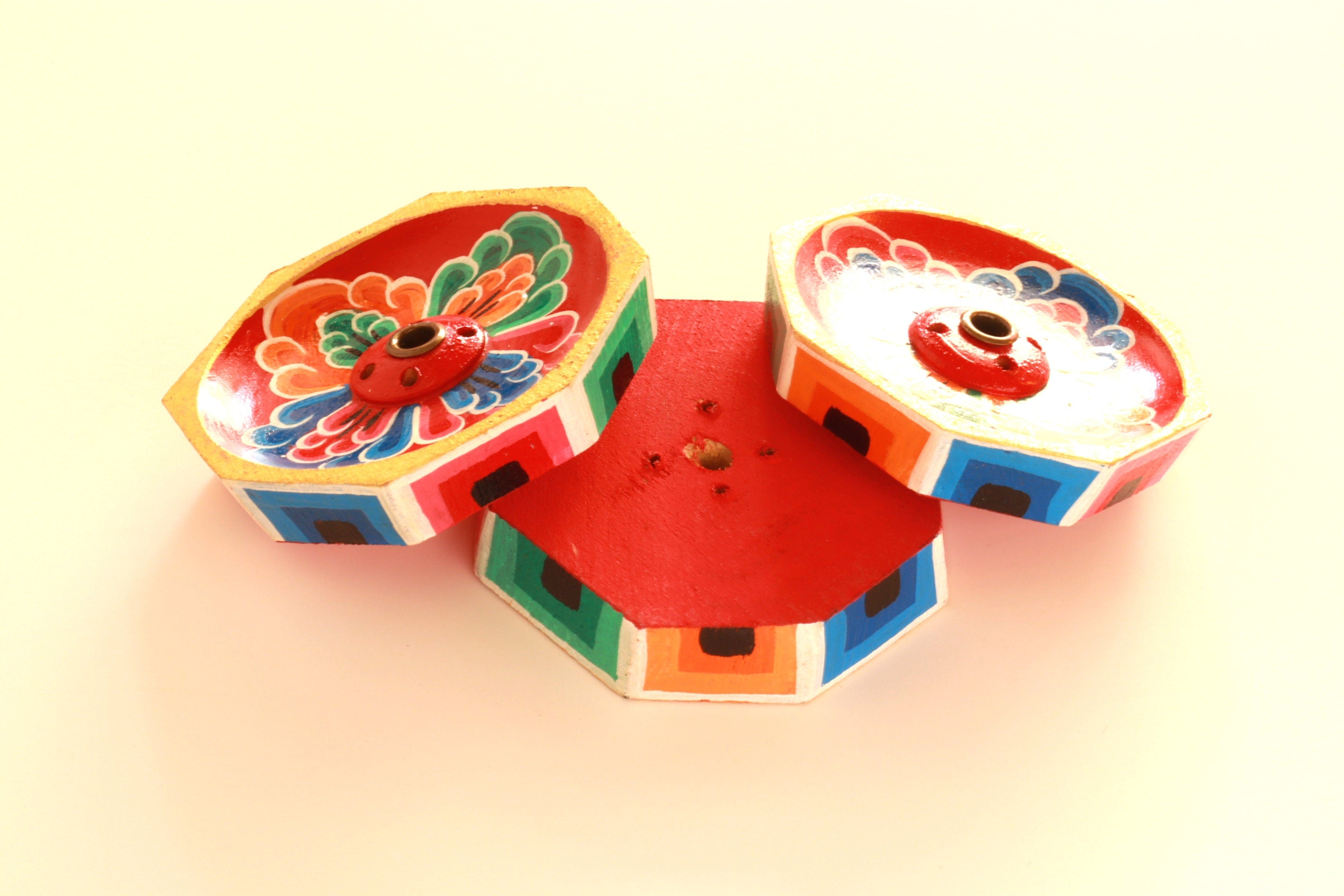 Floral Mini Incense Holder | Handmade Hand-painted Wood Incense Burner | Holds 4 Regular & 1 Tibetan / Joss Sticks | Housewarming Gift, Home Decor