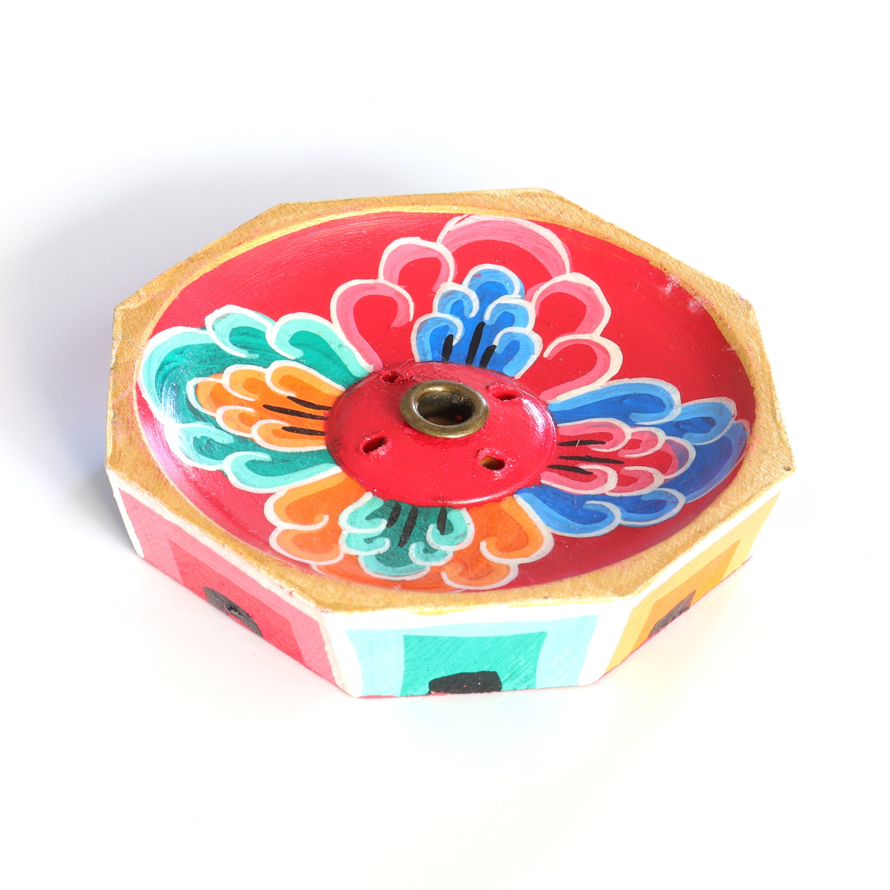 Floral Mini Incense Holder | Handmade Hand-painted Wood Incense Burner | Holds 4 Regular & 1 Tibetan / Joss Sticks | Housewarming Gift, Home Decor